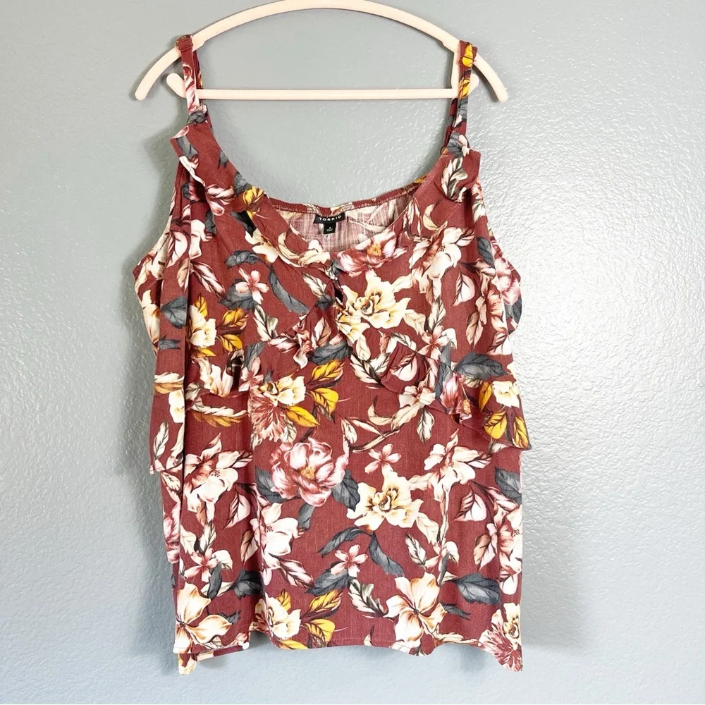 Torrid Rayon Slub Ruffle V-Neck Cami Brick Floral Size 4 - Picture 4 of 6